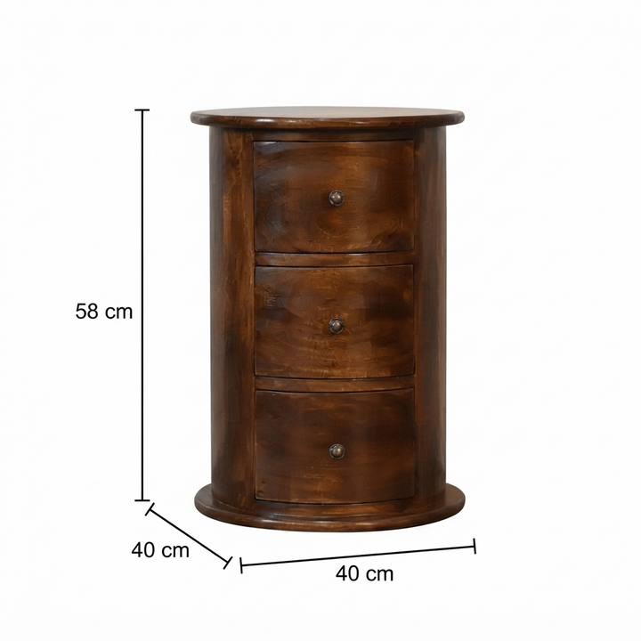 Brown Lacquered Mocha Solid Mango Wood 3-Drawer Drum Chest with Rattan Fronts & Brass Handles