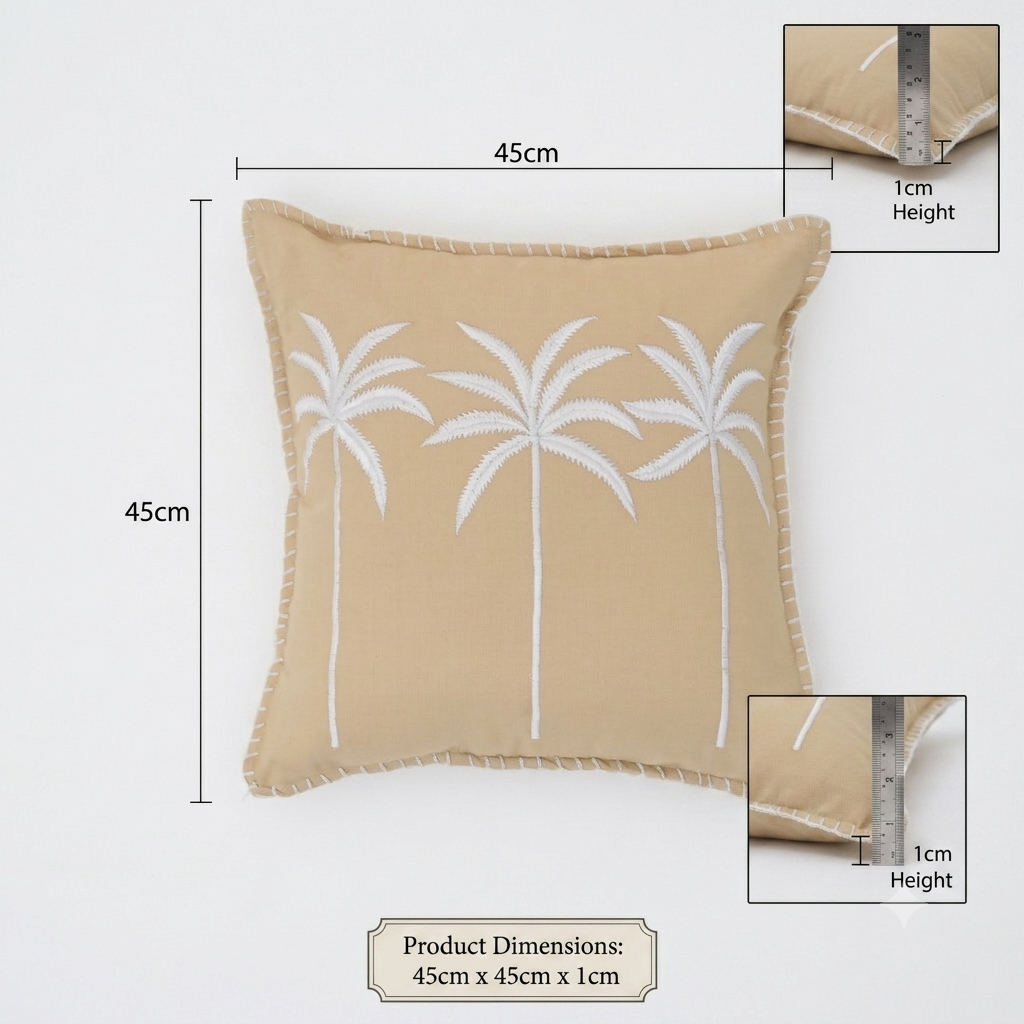 Palm Tree Embroidered Cotton Cushion with Filler 46cm