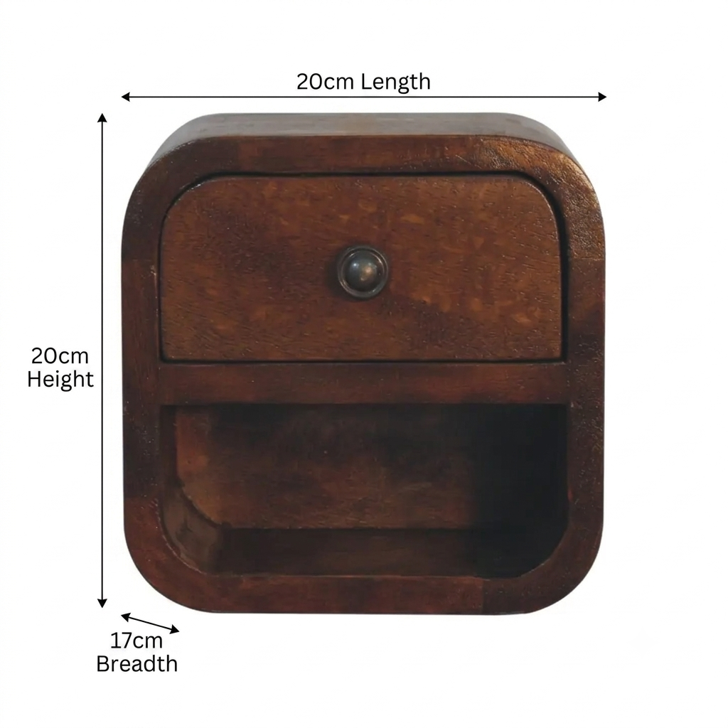 Brown Lacquered Chestnut Solid Mango Wood Extra Mini Curved Bedside with Open Compartment & Drawer