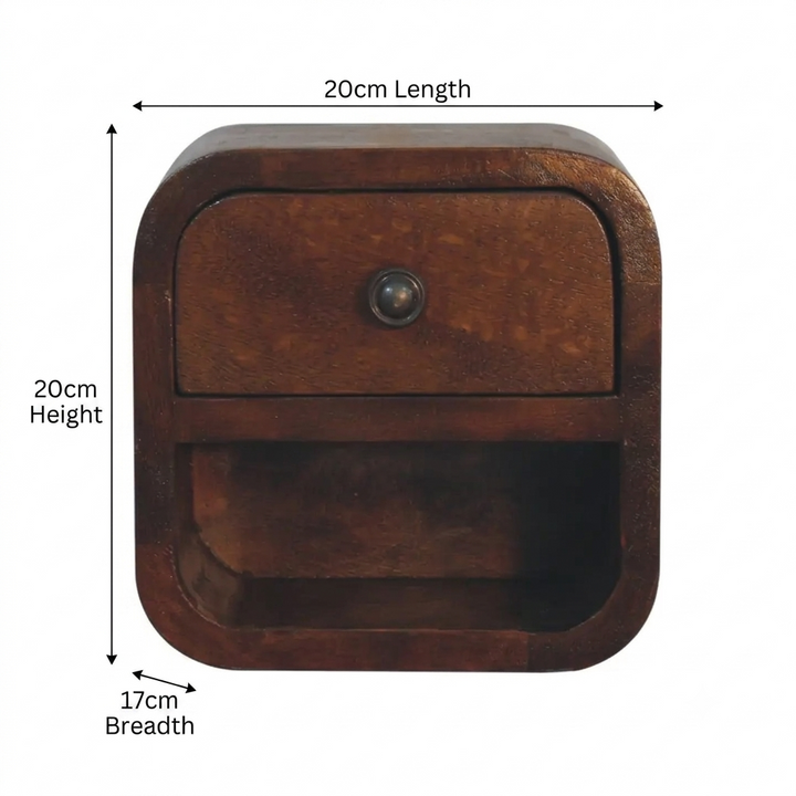 Brown Lacquered Chestnut Solid Mango Wood Extra Mini Curved Bedside with Open Compartment & Drawer