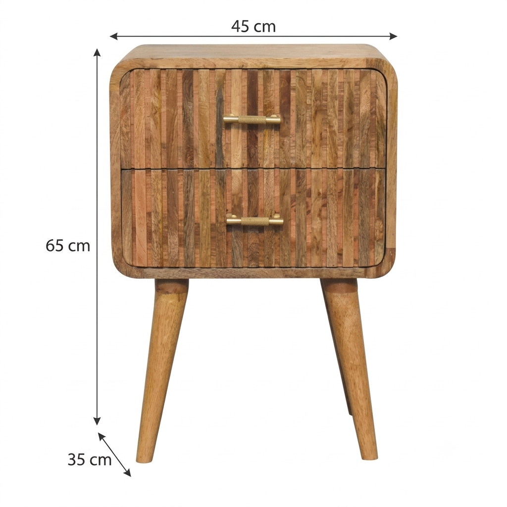 Brown Lacquered Chestnut Solid Mango Wood T-Bar Bedside Table with 2 Drawers & Scandinavian Legs