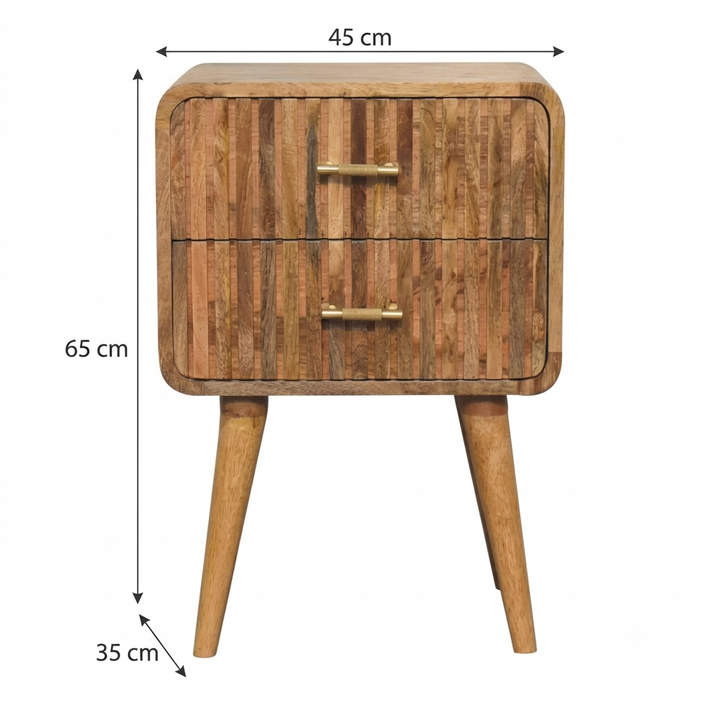 Brown Lacquered Chestnut Solid Mango Wood T-Bar Bedside Table with 2 Drawers & Scandinavian Legs