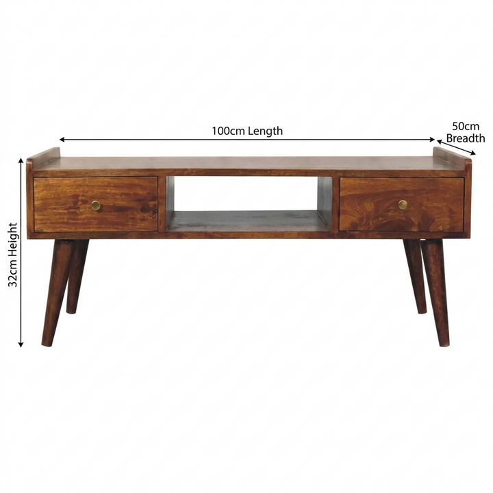 Brown Lacquered Chestnut Solid Mango Wood Raised TV Stand with 2 Drawers & 1 Shelf