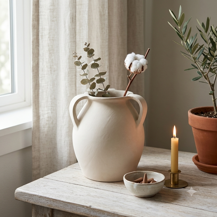 White Amphora Terracotta Vase with Twin Handles | Handmade Mediterranean Decorative Floor Vase