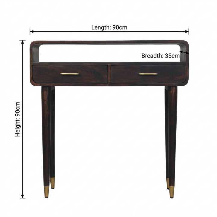 Brown Lacquered Solid Mango Wood Apollo Loop Console Desk with 2 Drawers & Brass-Capped Legs