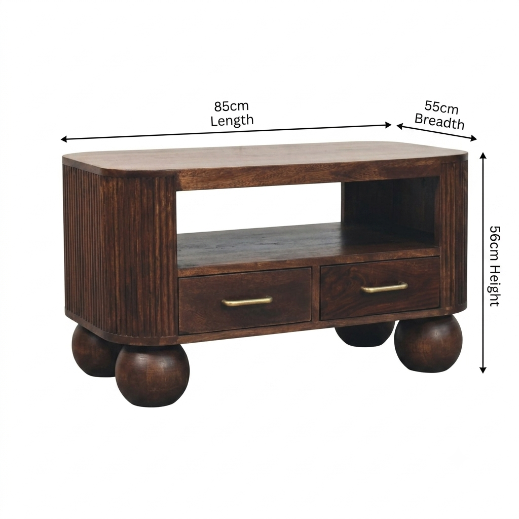 Brown Walnut Veneer Solid Mango Wood Coffee Table with Spherical Legs & Brass Handles