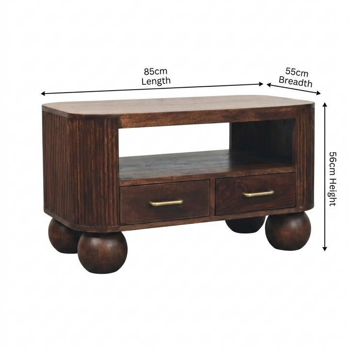 Brown Walnut Veneer Solid Mango Wood Coffee Table with Spherical Legs & Brass Handles