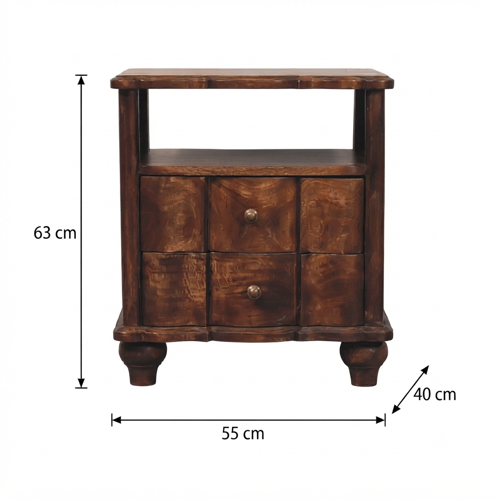Solid Mango Wood Bedside Table with 2 Drawers Brown Finish
