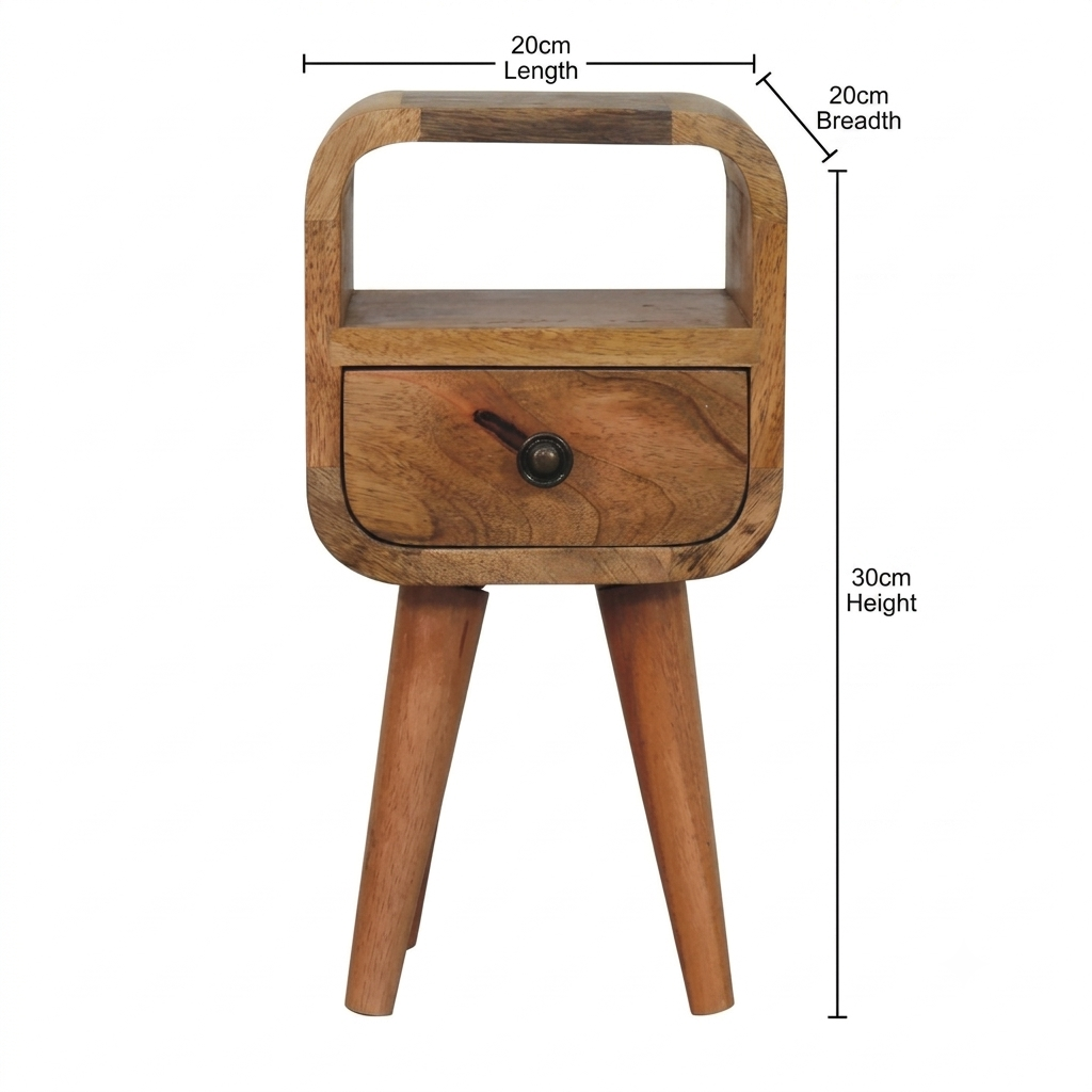 Brown Oak-Ish Solid Mango Wood Extra Mini Curve Open Slot Bedside Table with Drawer