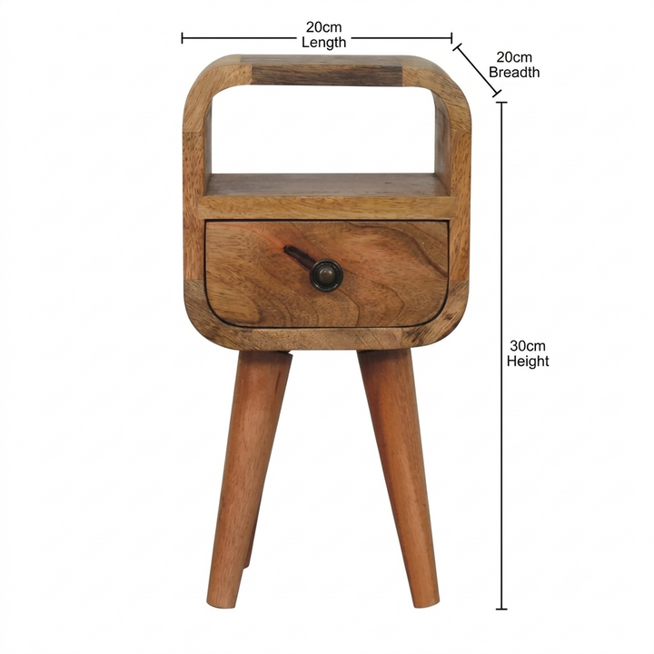 Brown Oak-Ish Solid Mango Wood Extra Mini Curve Open Slot Bedside Table with Drawer