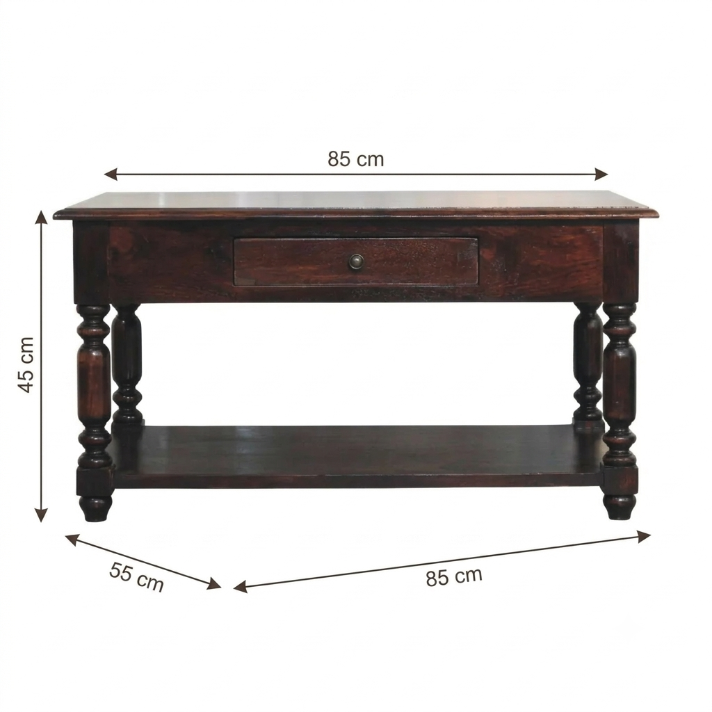 Brown Lacquered Cherry Finish Solid Mango Wood Console with Turned Legs & Lower Display Shelf