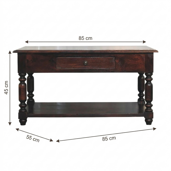 Brown Lacquered Cherry Finish Solid Mango Wood Console with Turned Legs & Lower Display Shelf