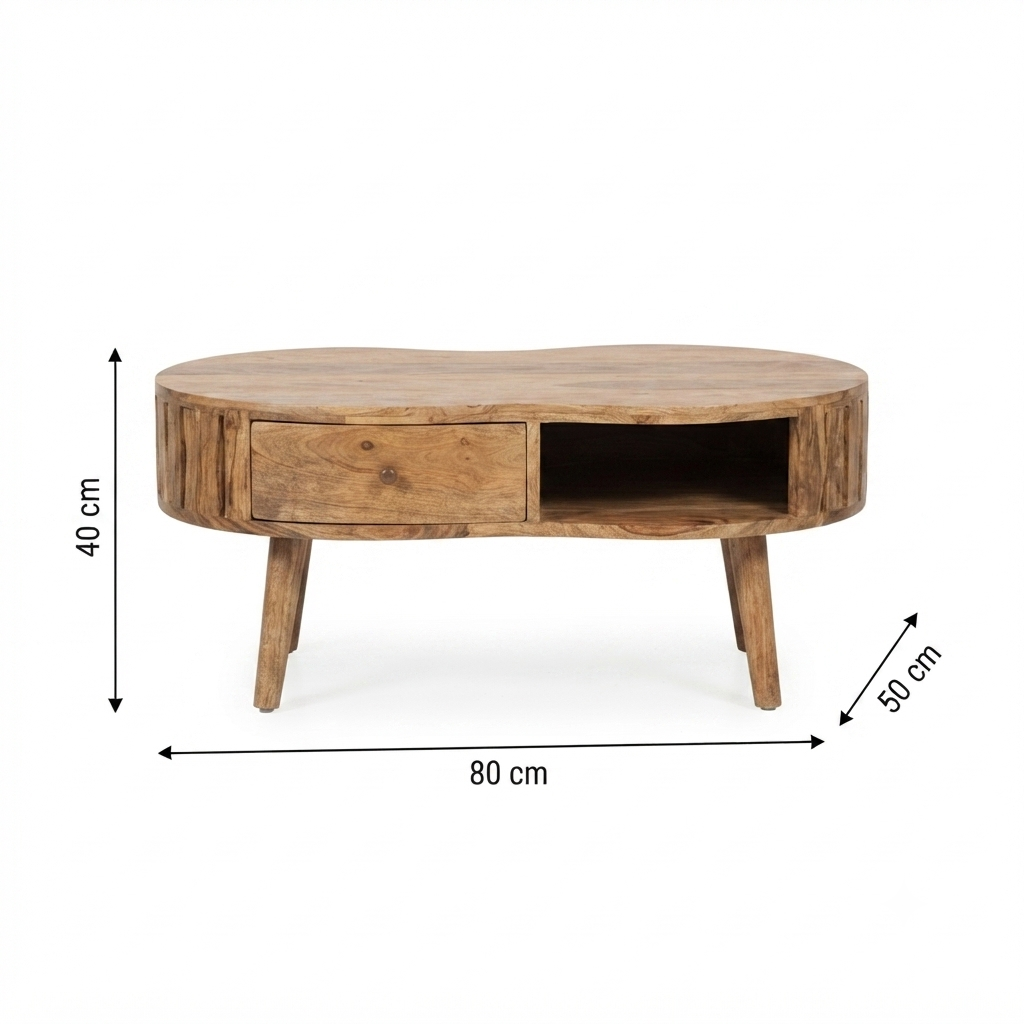 Beige Oak Veneer Solid Mango Wood Wave Coffee Table with 1 Drawer & Open Shelf
