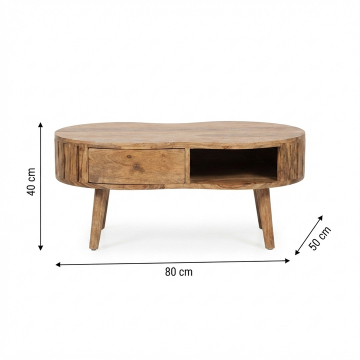 Beige Oak Veneer Solid Mango Wood Wave Coffee Table with 1 Drawer & Open Shelf