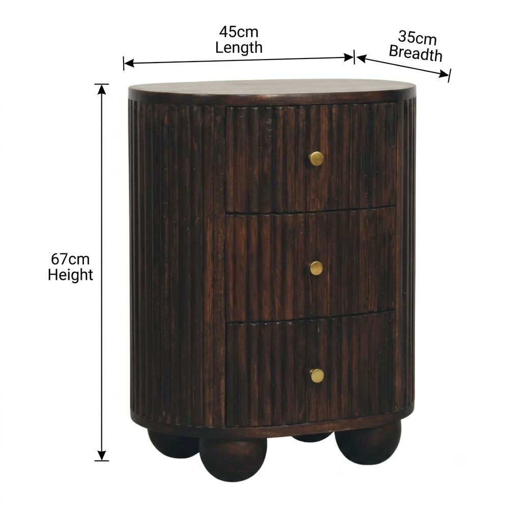 Brown Lacquered Mocha Velvet Solid Mango Wood 3-Drawer Bedside Table with Grooved Detailing