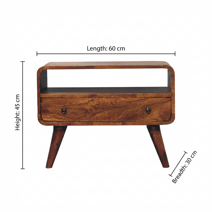 Brown Lacquered Velvet Mocha Solid Mango Wood Mini TV Stand with Carved Drawer & Open Niche