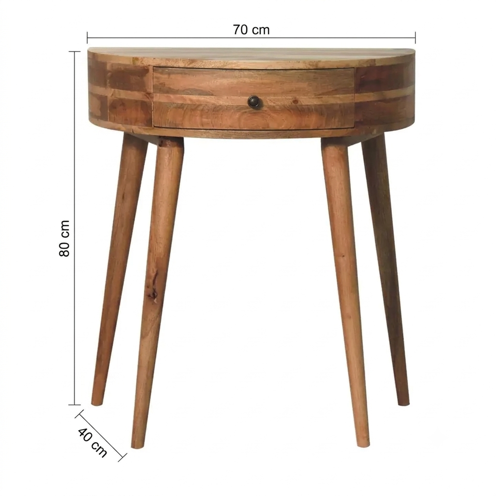 Brown Lacquered Light Oak Solid Mango Wood Odyssey Circular Console with Brass Knob