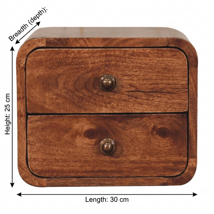 Brown Lacquered Honey Caramel Solid Mango Wood Mini Wall-Mounted Curved Bedside with 2 Drawers