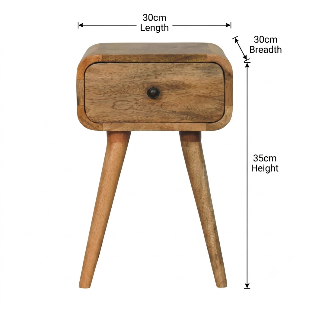 Brown Lacquered Solid Mango Wood Mini Nightstand with Single Drawer & Tapered Nordic Legs