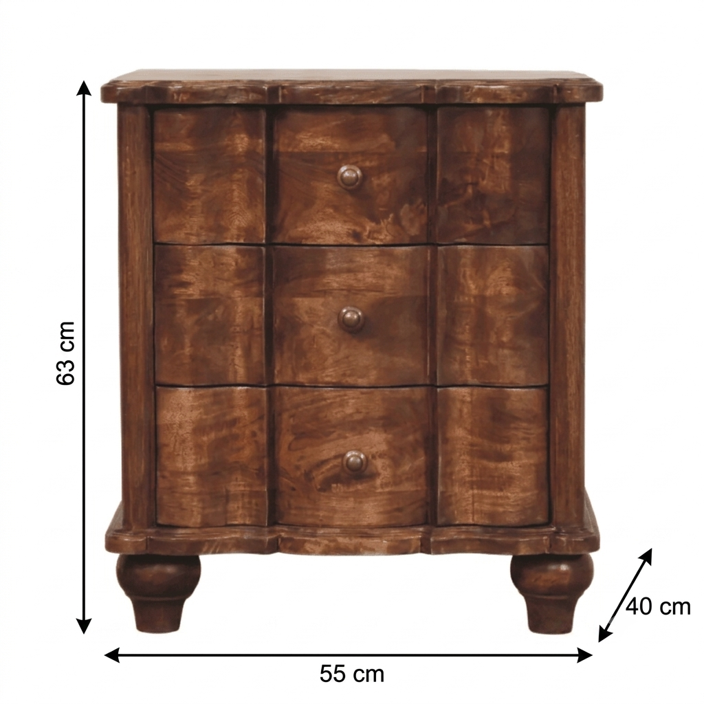 Brown Lacquered Toasted Almond Solid Mango Wood Valencia 3-Drawer Bedside with Antique Brass Handles