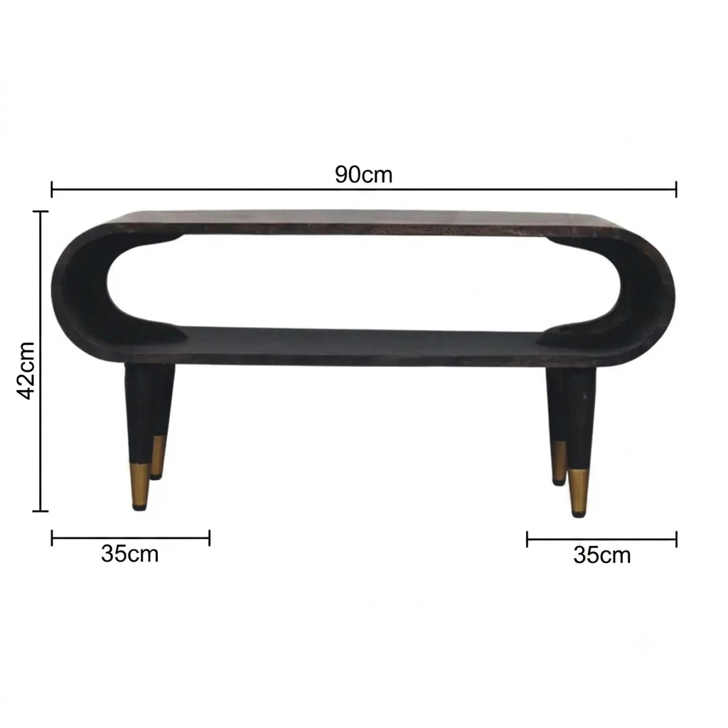 Brown Lacquered Ash-Carbon Solid Mango Wood Curved TV Stand with Brass-Capped Tapered Legs