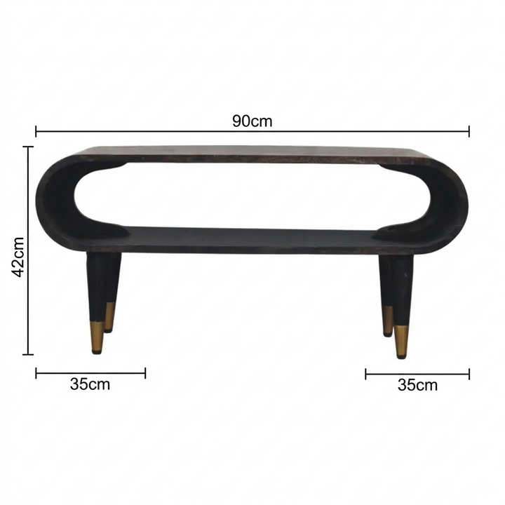 Brown Lacquered Ash-Carbon Solid Mango Wood Curved TV Stand with Brass-Capped Tapered Legs