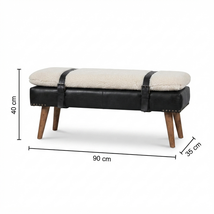 Brown Lacquered Oak-Finish Solid Wood Bench with Bouclé Fabric & Black Buffalo Leather Detailing