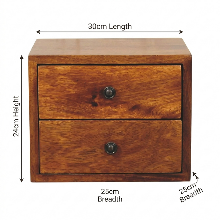 Solid Mango Wood 2 Drawer Bedside Table Brown Finish