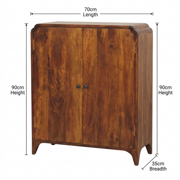 Brown Lacquered Chestnut Solid Mango Wood Double-Door Cabinet with Brass Knobs & Curved Design