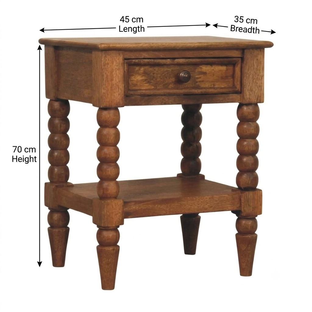 Brown Lacquered Solid Wood Wall-Mounted Spindle Bedside Table with Brass Knob & Open Shelf
