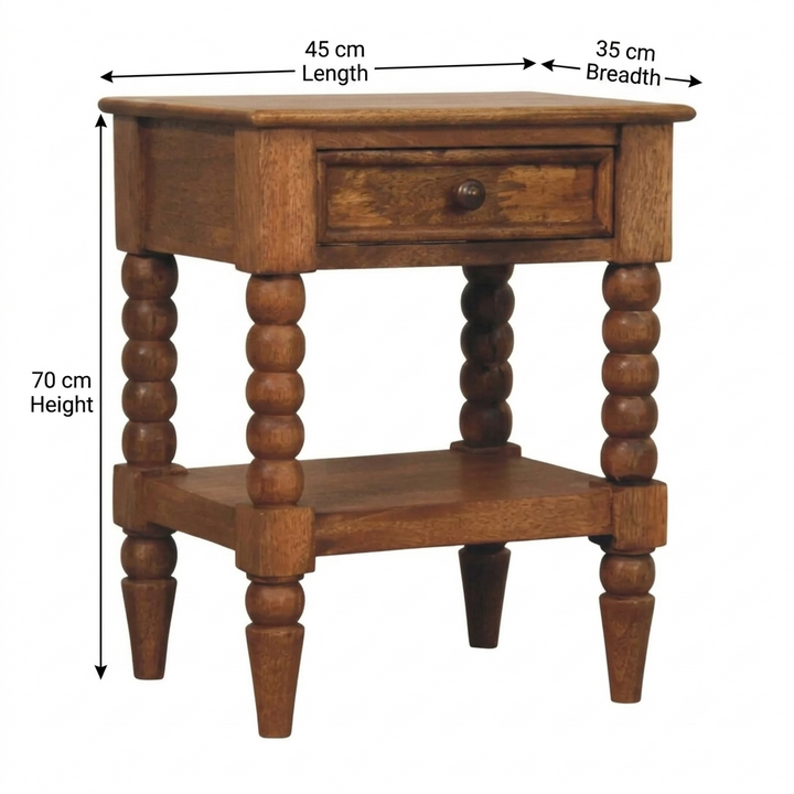 Brown Lacquered Solid Wood Wall-Mounted Spindle Bedside Table with Brass Knob & Open Shelf
