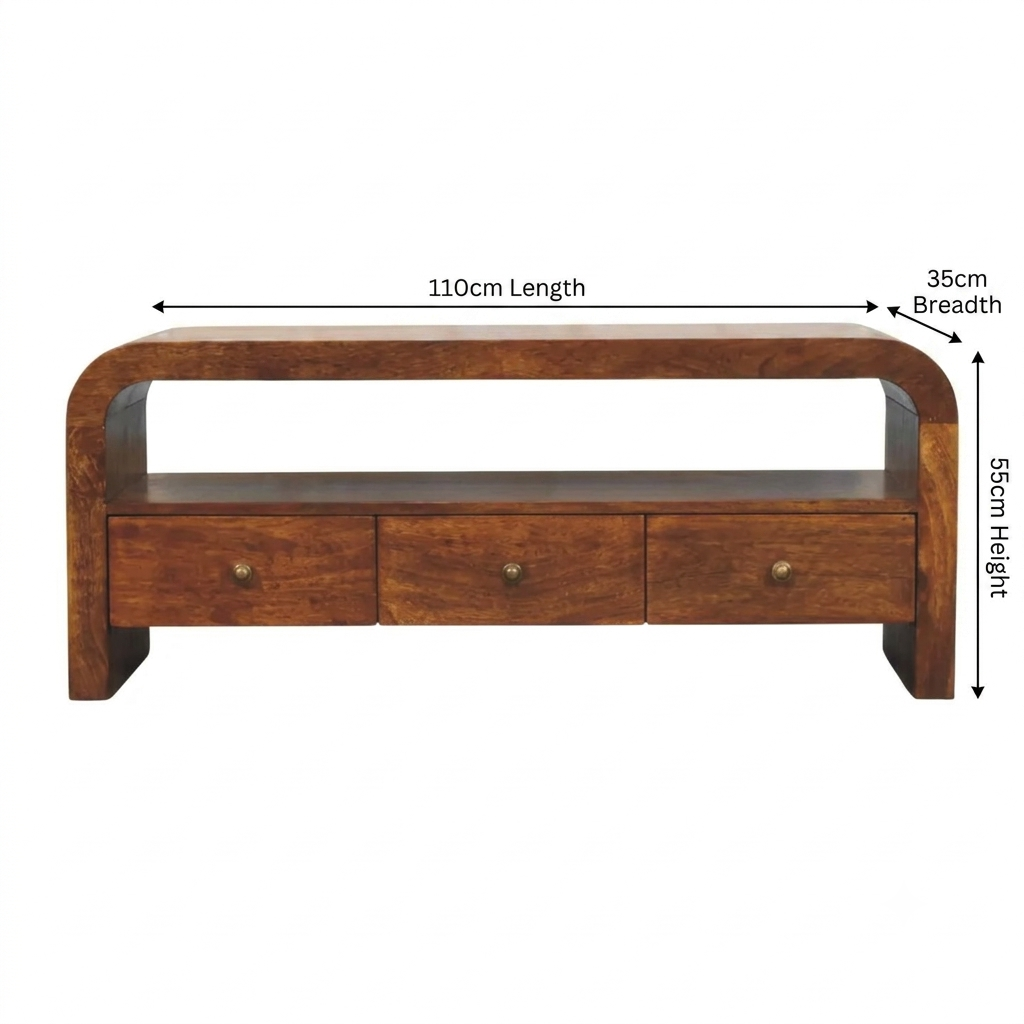 Brown Lacquered Chestnut Solid Mango Wood TV Stand with 3 Drawers & Brass Knobs