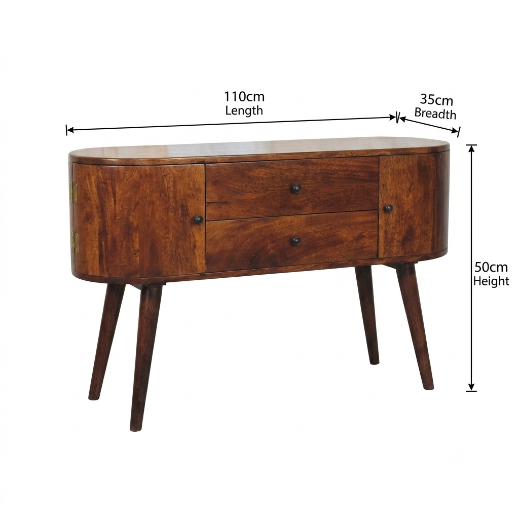 Brown Lacquered Chestnut Solid Mango Wood Console with 2 Centre Drawers & Side Cabinets