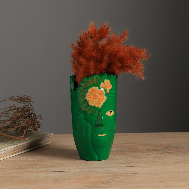 Aluminium Face Vase - Dark Green, Yellow & Orange