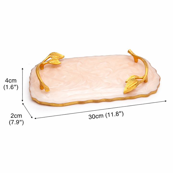 Luxury Marble Finish Leaf Handle Serving Tray  | Gold Accents