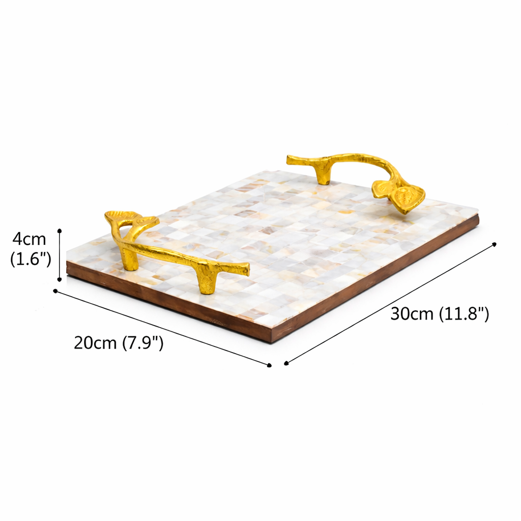 Mother of Pearl Resin Tray with Gold Leaf Handles | Luxury Décor