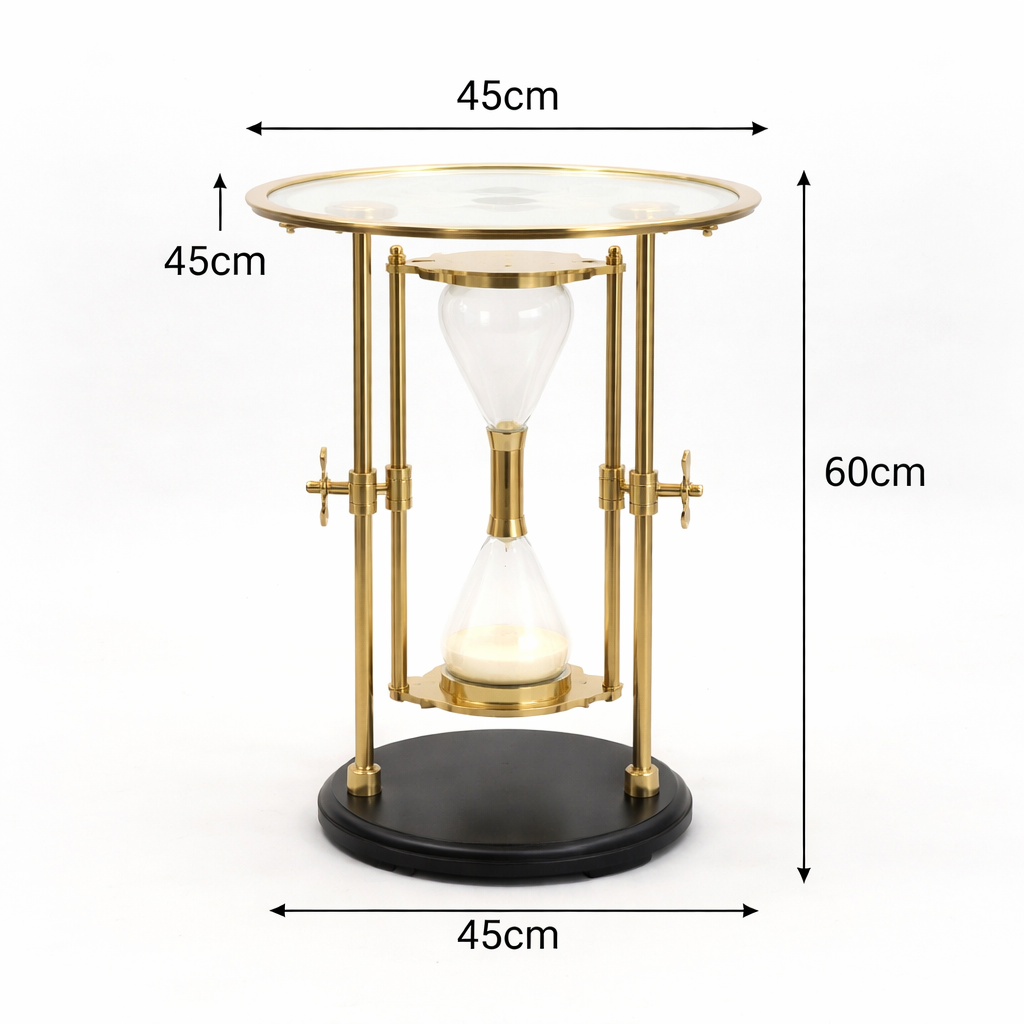 Golden Hour Sand Timer Table with Aluminum Body & Wooden Base  | Gold & Black
