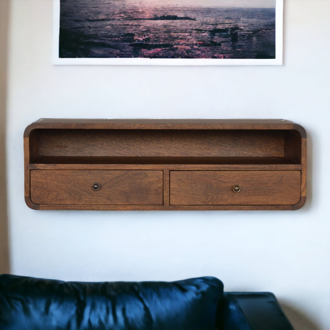 Solid Mango Wood Open Floating Wall Console Shelf | Chestnut Finish | 80 x 32 x 25 cm