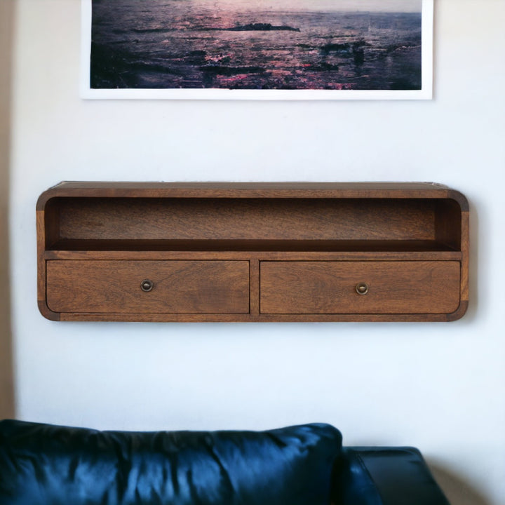 Solid Mango Wood Open Floating Wall Console Shelf | Chestnut Finish | 80 x 32 x 25 cm