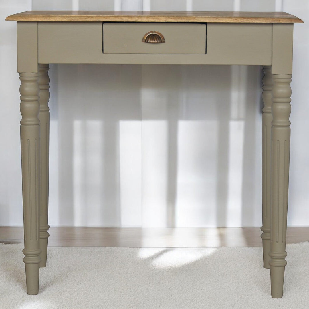 Solid Mango Wood Hand-Painted French Grey Desk with 1 Drawer, Fluted Legs & Shell Handle | Two-Tone Finish | 80 x 45 x 78 cm
