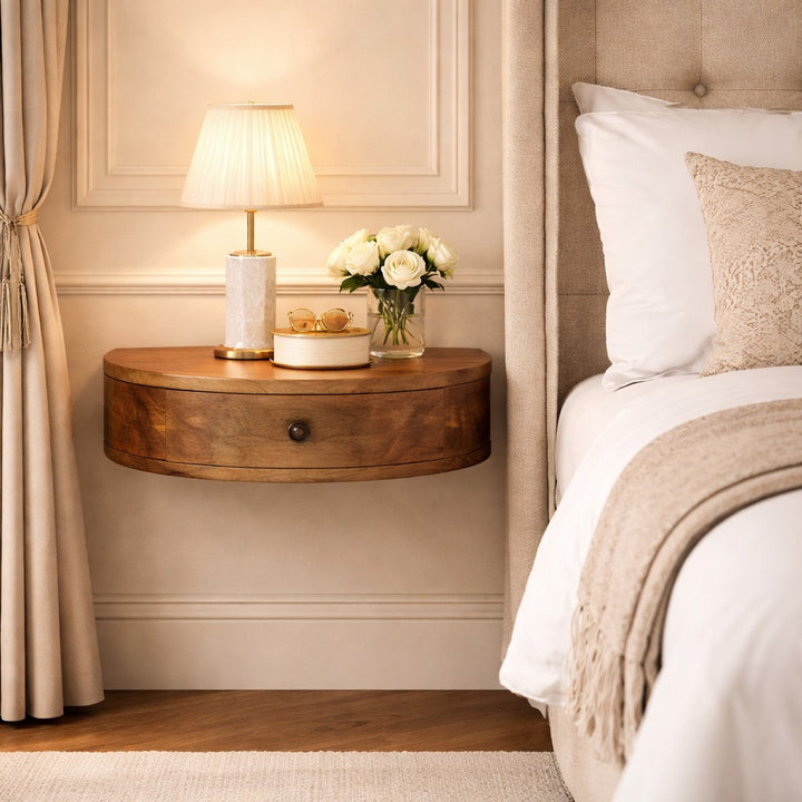 Brown Lacquered Compact Solid Wood Nightstand with 2 Drawers & Nordic Legs