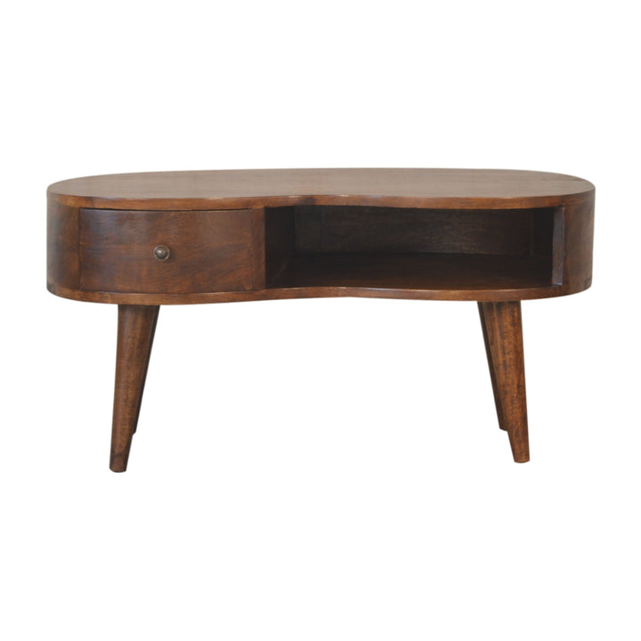 Chocolate Brown Lacquered Solid Mango Wood Wave Coffee Table in Chestnut