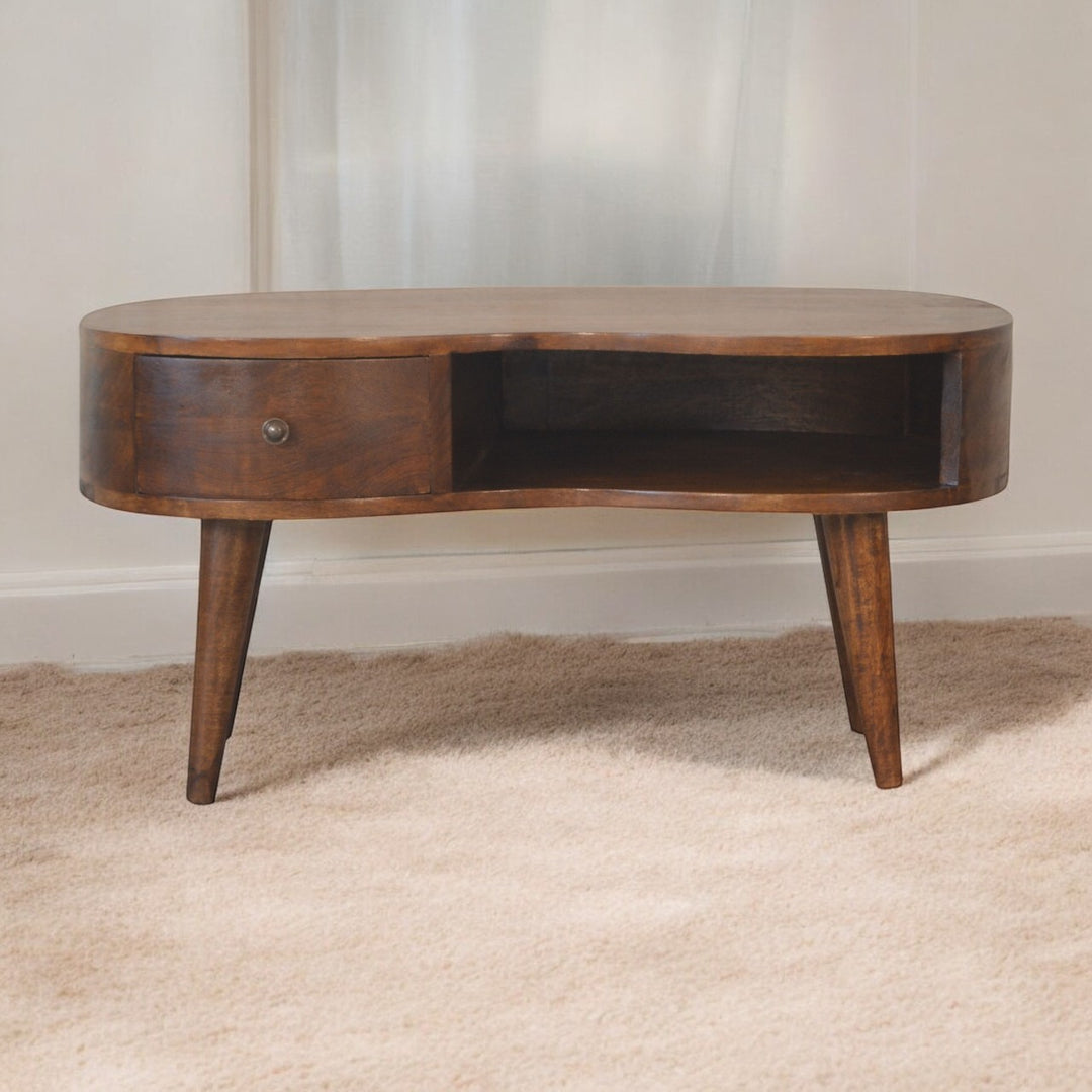 Chocolate Brown Lacquered Solid Mango Wood Wave Coffee Table in Chestnut