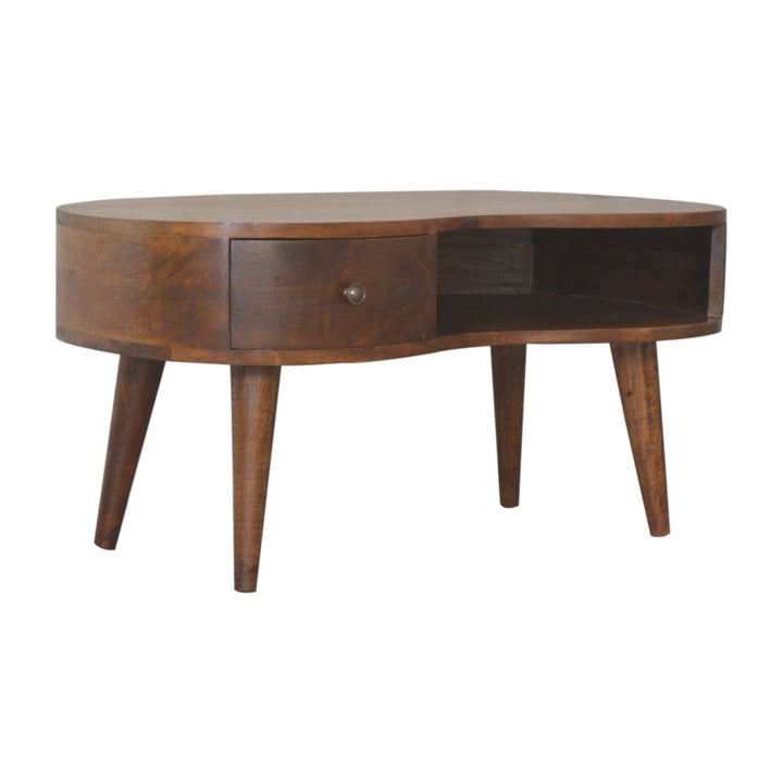 Chocolate Brown Lacquered Solid Mango Wood Wave Coffee Table in Chestnut