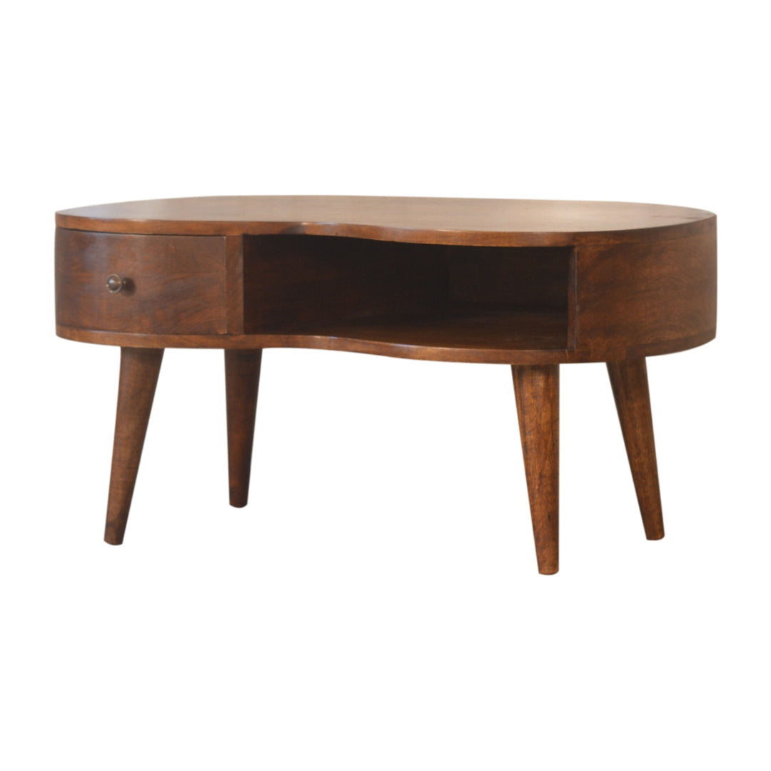 Chocolate Brown Lacquered Solid Mango Wood Wave Coffee Table in Chestnut