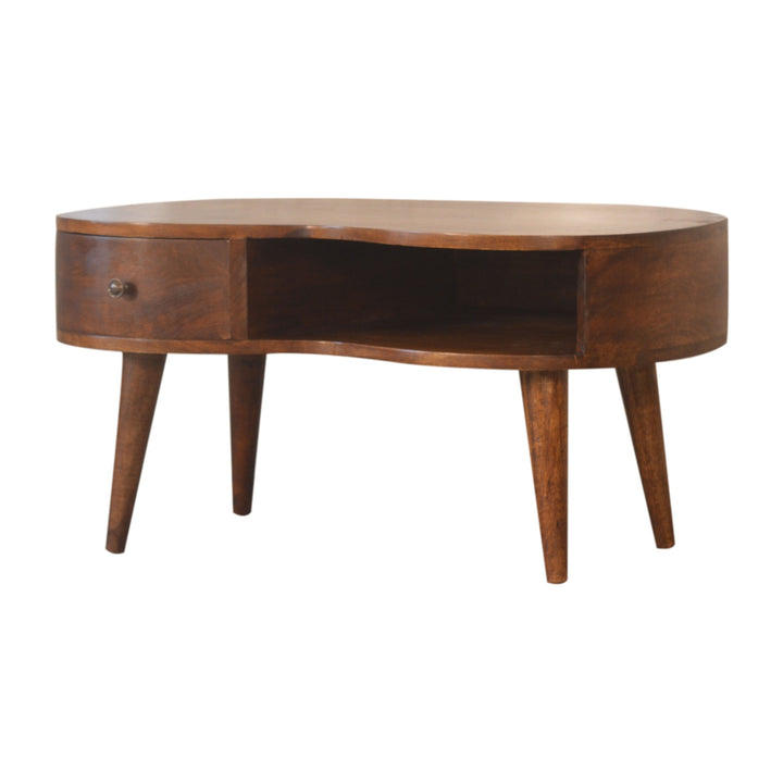 Chocolate Brown Lacquered Solid Mango Wood Wave Coffee Table in Chestnut