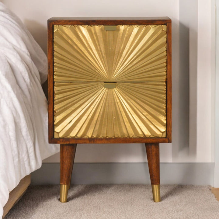 Brown Golden Lacquered Solid Mango Wood Manila Gold 2-Drawer Bedside with Brass Veneer