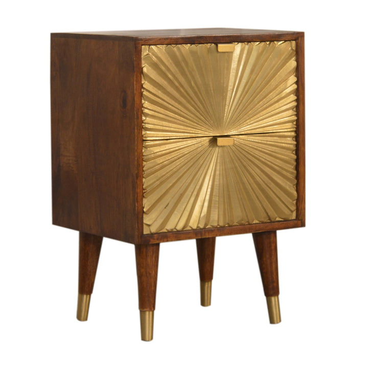 Brown Golden Lacquered Solid Mango Wood Manila Gold 2-Drawer Bedside with Brass Veneer