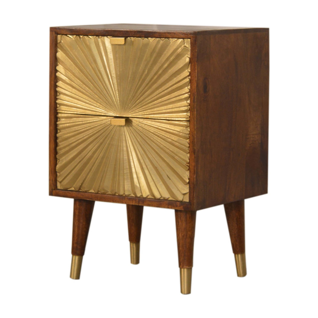 Brown Golden Lacquered Solid Mango Wood Manila Gold 2-Drawer Bedside with Brass Veneer