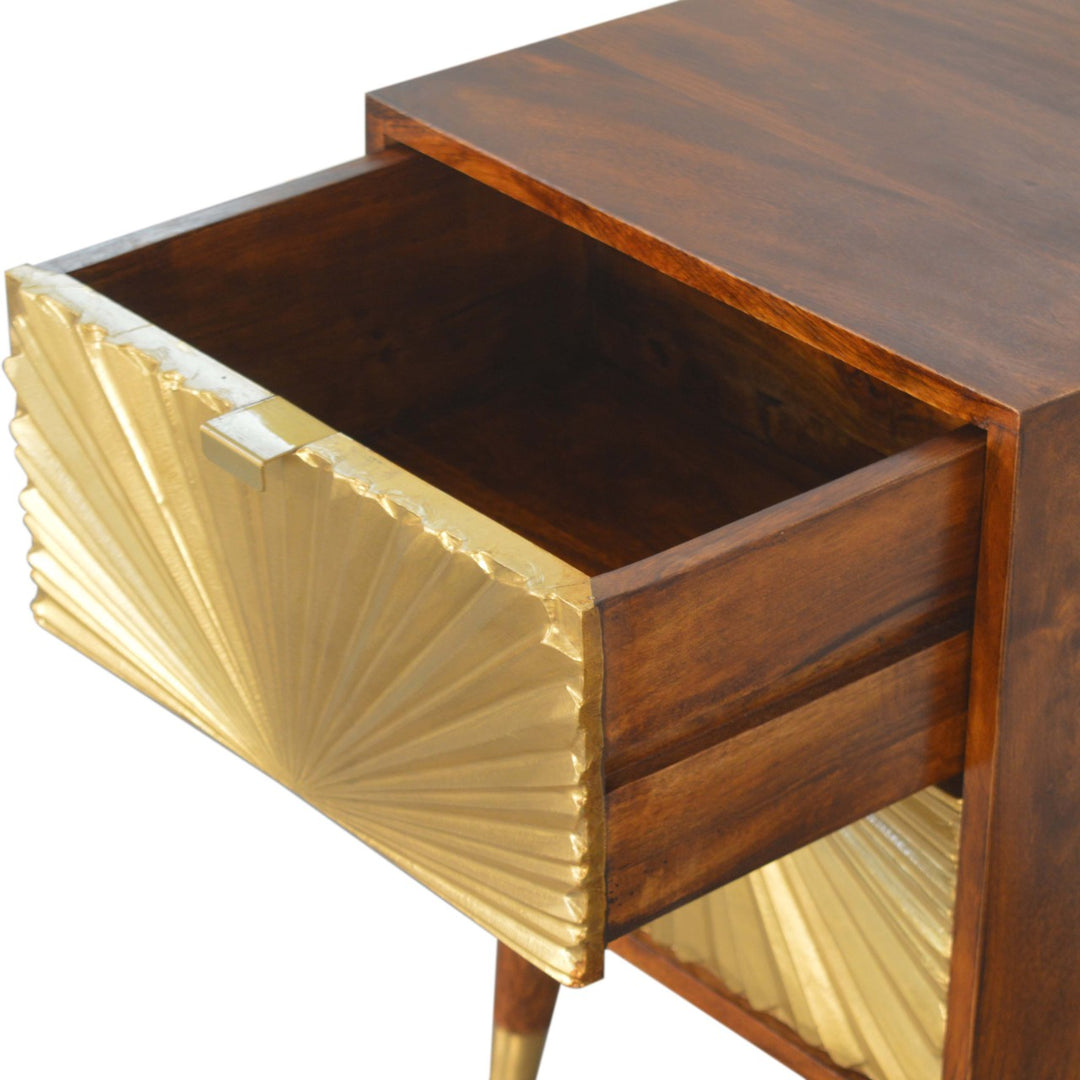 Brown Golden Lacquered Solid Mango Wood Manila Gold 2-Drawer Bedside with Brass Veneer